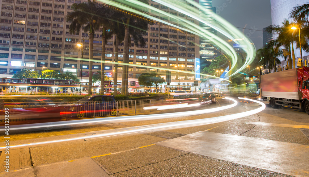 Kownloon night traffic in Tsim Sha Tsui with car light trails, H Kownloon night traffic in Tsim Sha Tsui with car light trails, H