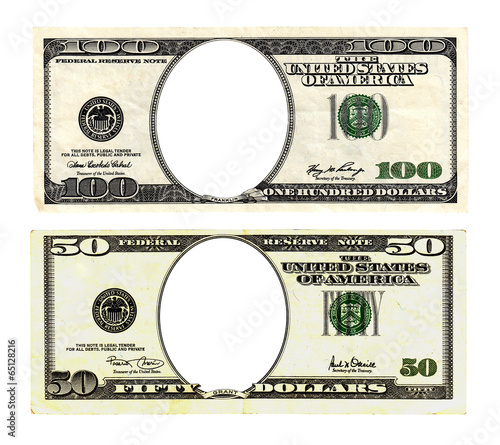 Hundred and fifty dollars bills on white background. © Bits and Splits