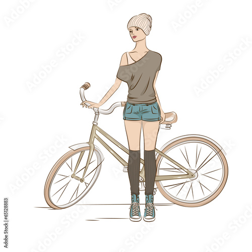 Young stylish woman and her bike on white background. Vector