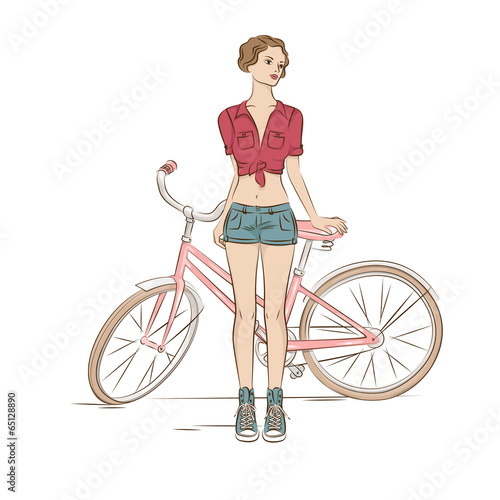 Young stylish woman and her bike on white
