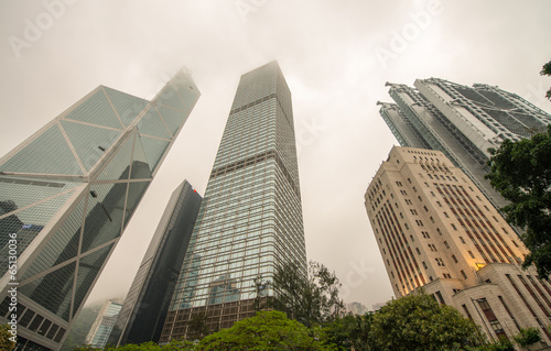 Office Buildings on a cloudy day. Skyscrapers and park trees