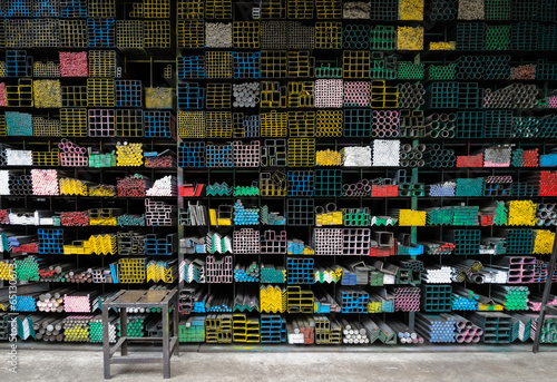 Steel Pipes bunch on the rack in warehouse