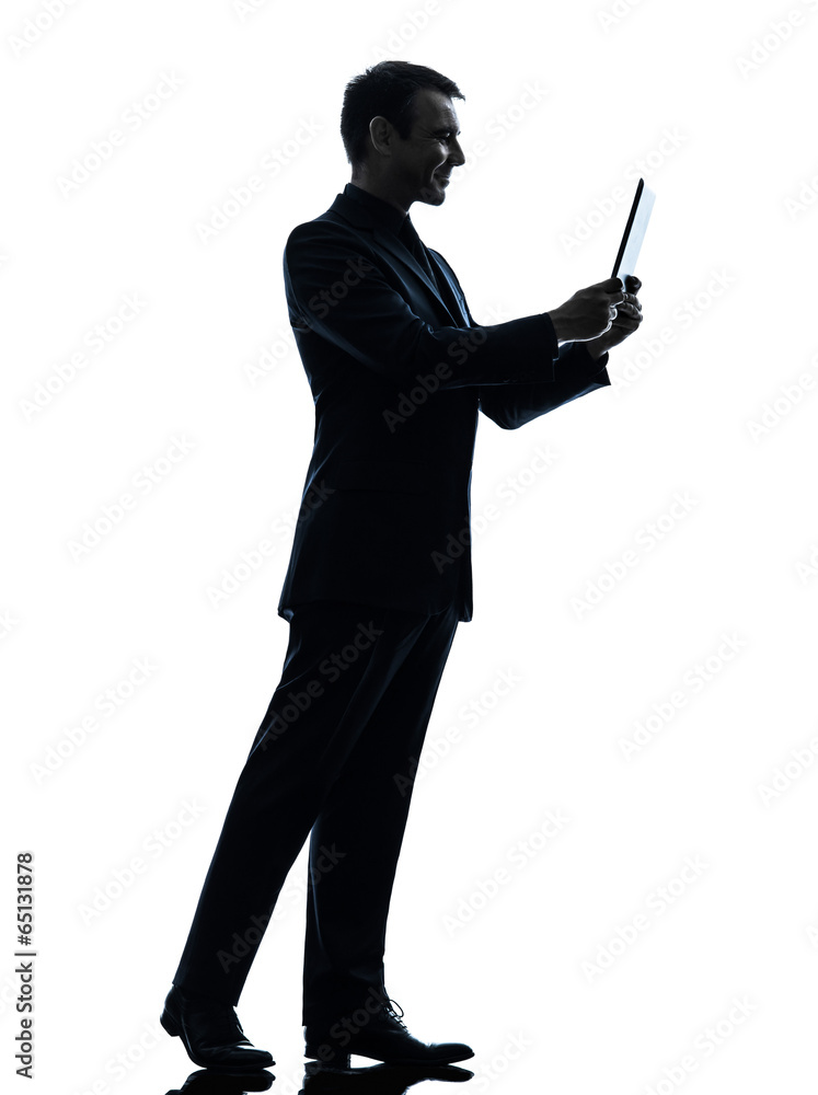 business man smiling digital tablet silhouette business man smiling digital tablet silhouette