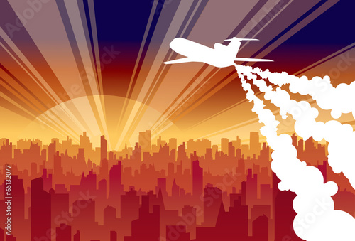 Plane city dawn