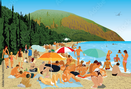 Beach people mountains sea