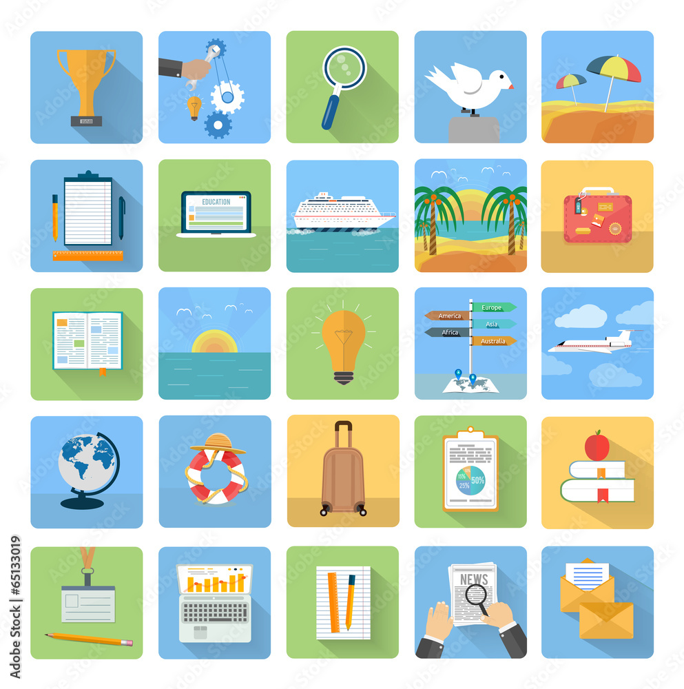 Icons set of traveling and planning a summer vacation Icons set of traveling and planning a summer vacation