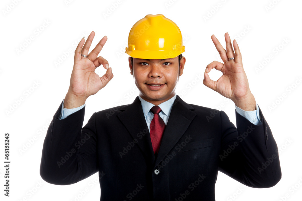 Asian engineer man show OK sign with both hand Asian engineer man show OK sign with both hand