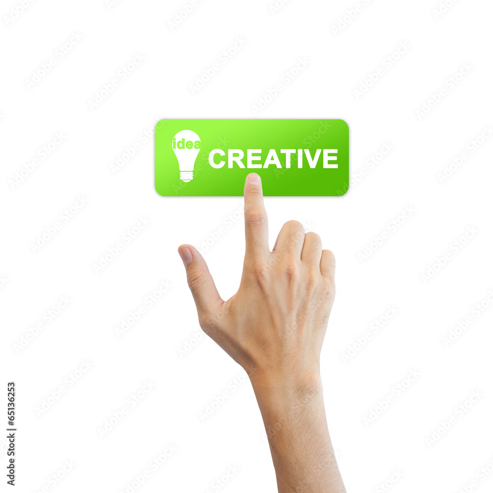 Creative idea button with real hand isolated on white background Creative idea button with real hand isolated on white background