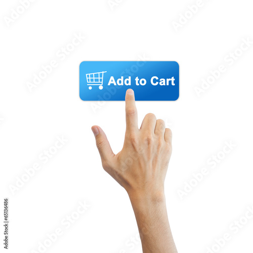 E-commerce button with real hand isolated on white background