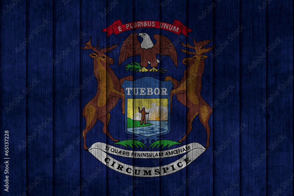 Illustration with flag in map on grunge background - Michigan