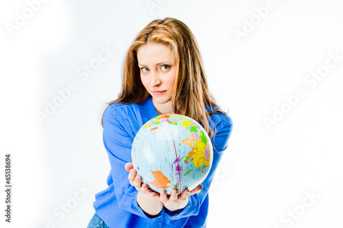 young and beautiful woman with globe