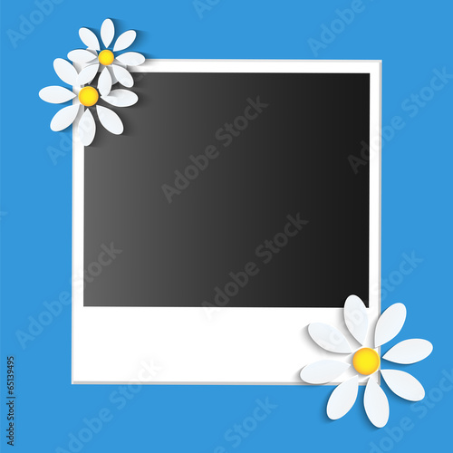 Photo card with paper flowers  on a blue background