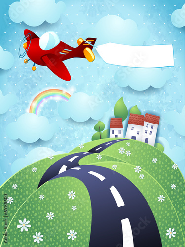 Fantasy landscape with airplane and blank banner