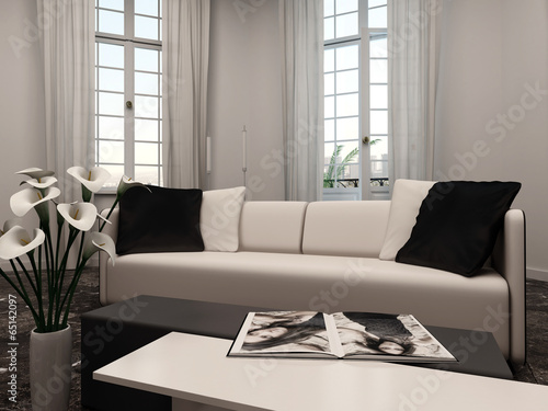 Tableau sur toile Living room interiow with bay window and couch