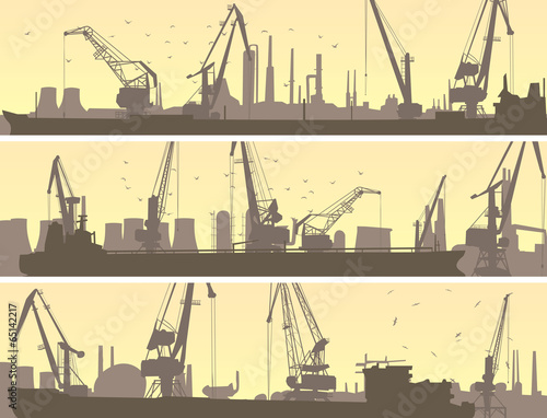 Vector banners of industrial port with cargo crane.