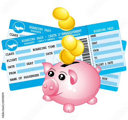 Two blue boarding passes and piggy bank.