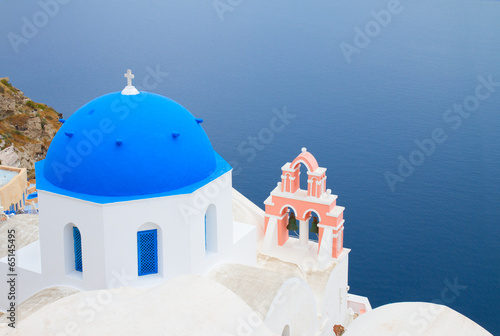 traditional blue dome with blue sea, Santorini