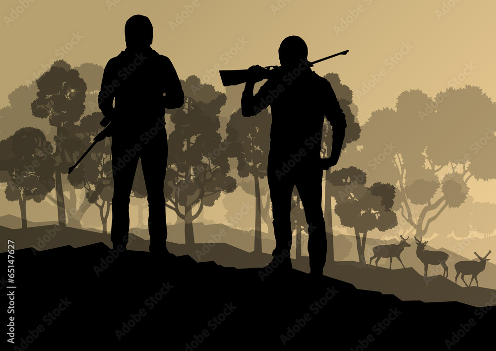 Hunter silhouette background landscape vector concept with fores