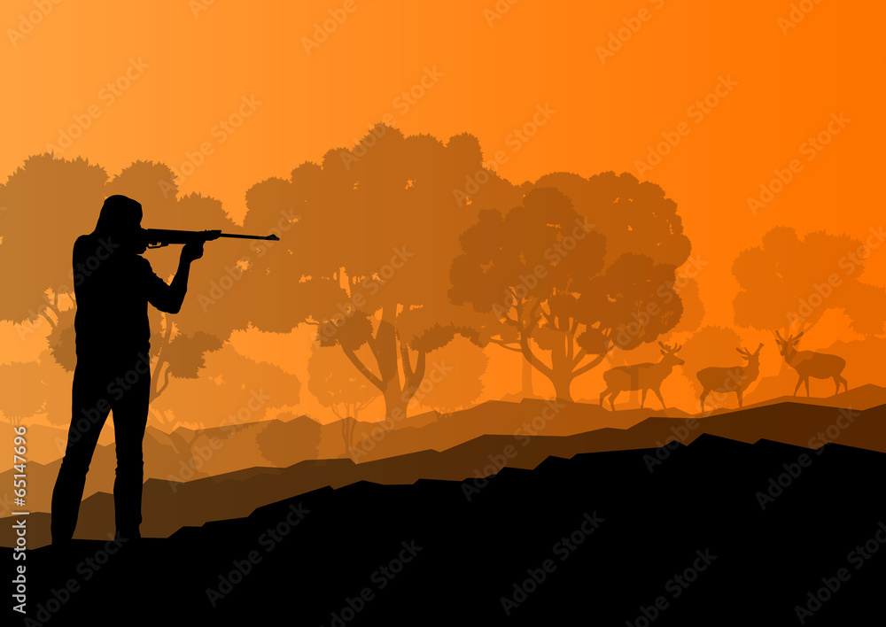Hunter silhouette background landscape vector concept with fores Hunter silhouette background landscape vector concept with fores
