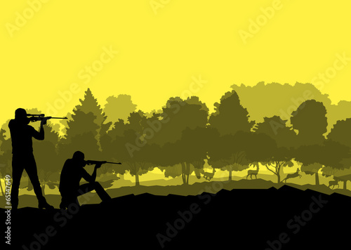 Hunter silhouette background landscape vector concept with fores