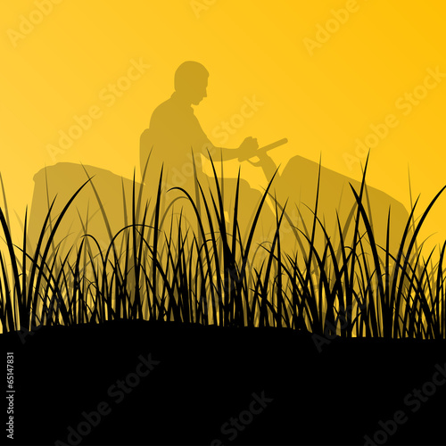 Man with lawn mower tractor cutting grass in field landscape bac