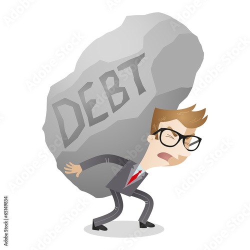 Businessman carrying huge rock labeled debt