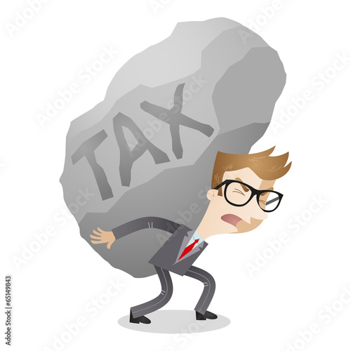 Businessman carrying huge rock labeled tax