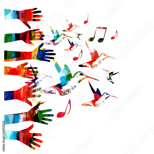 Colorful vector hands background with hummingbirds