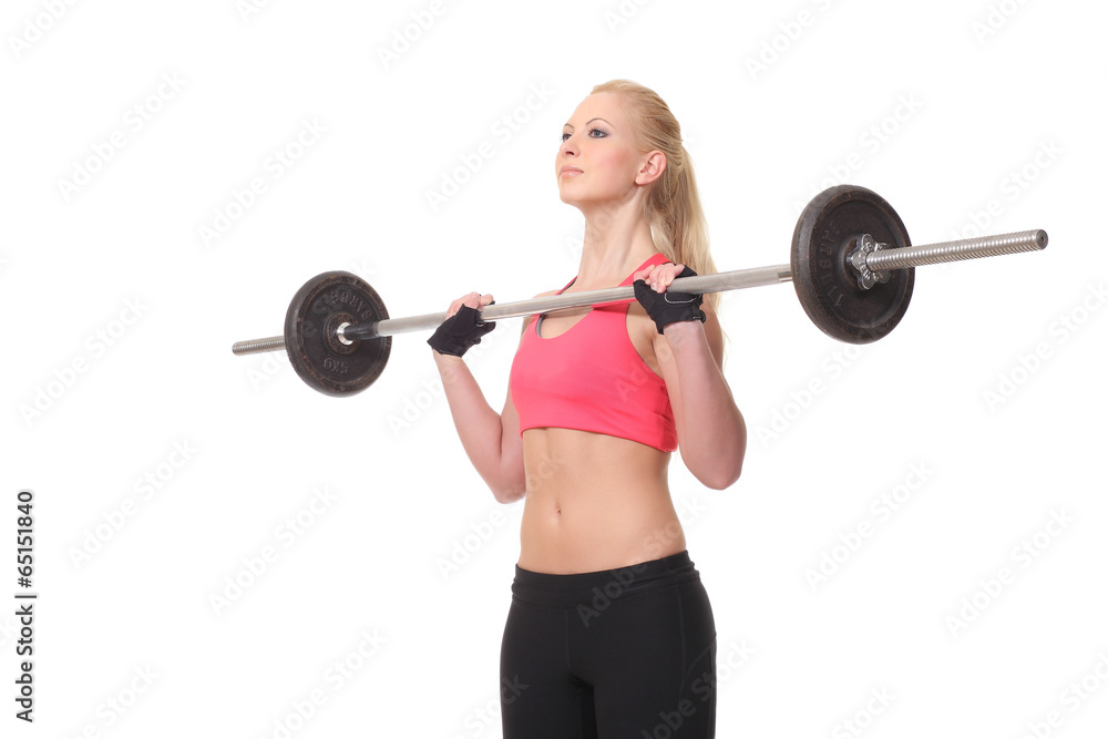 Obraz premium beautiful sports fitness girl with a barbell