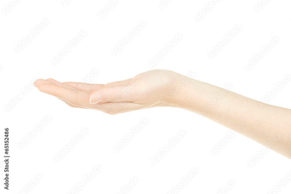 Woman hand open, palm up on white, clipping path Woman hand open, palm up on white, clipping path