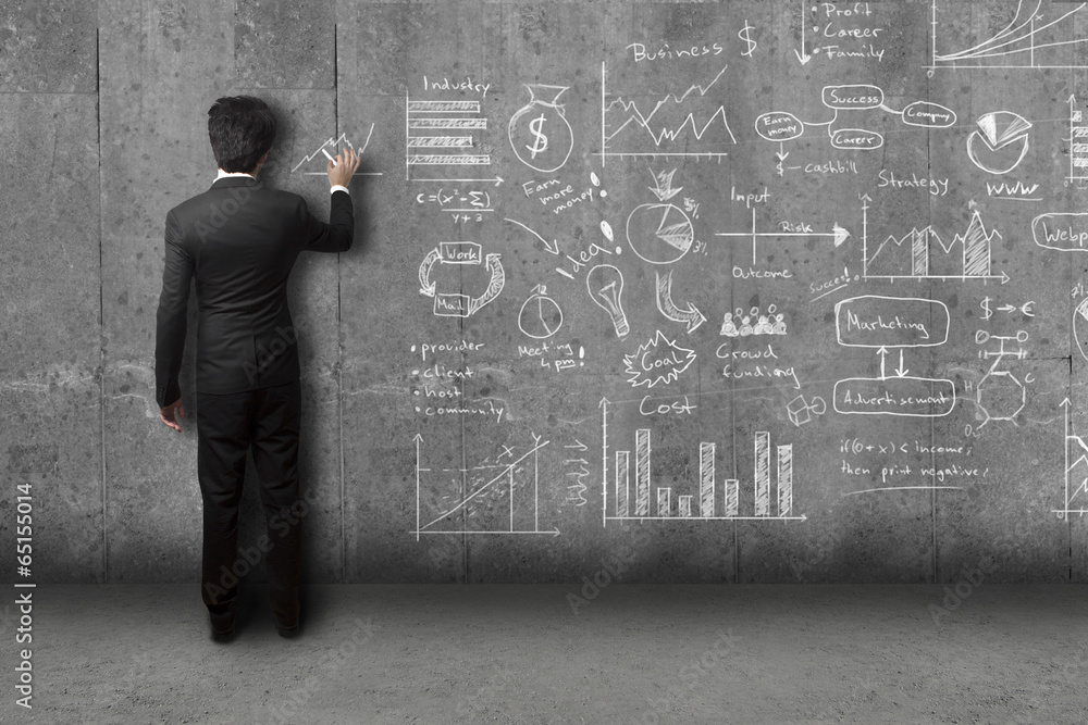 businessman drawing concept and strategy sketch on wall businessman drawing concept and strategy sketch on wall