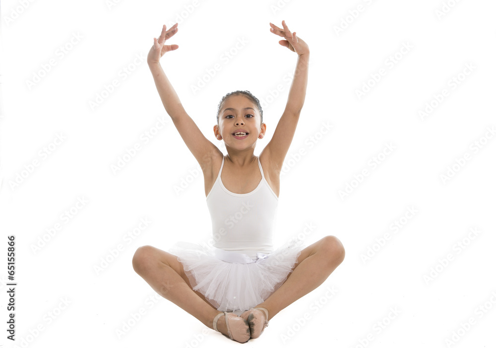 sweet young cute ballet dancer girl dancing on white background