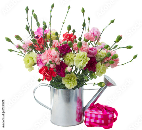 bunch of carnation flowers with gift box
