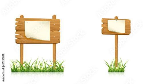 Two wooden signs with paper