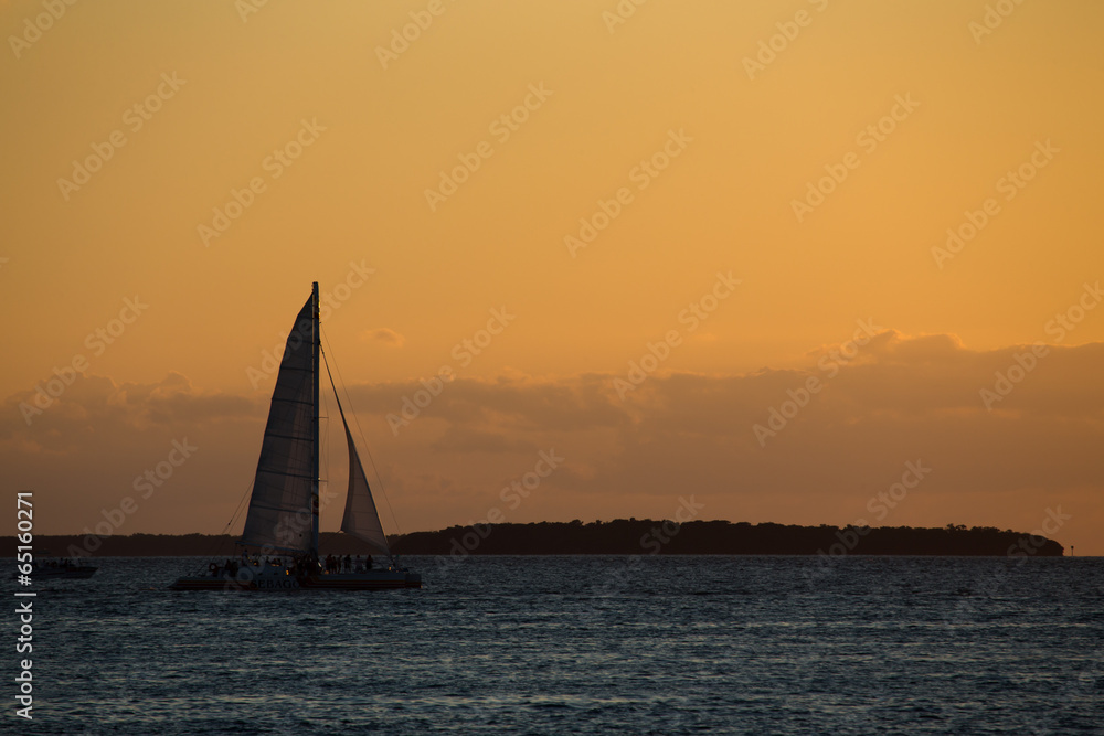 sailing catamaran at sunset