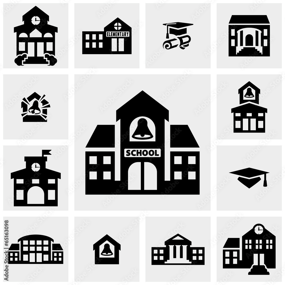 School building vector icons set on gray