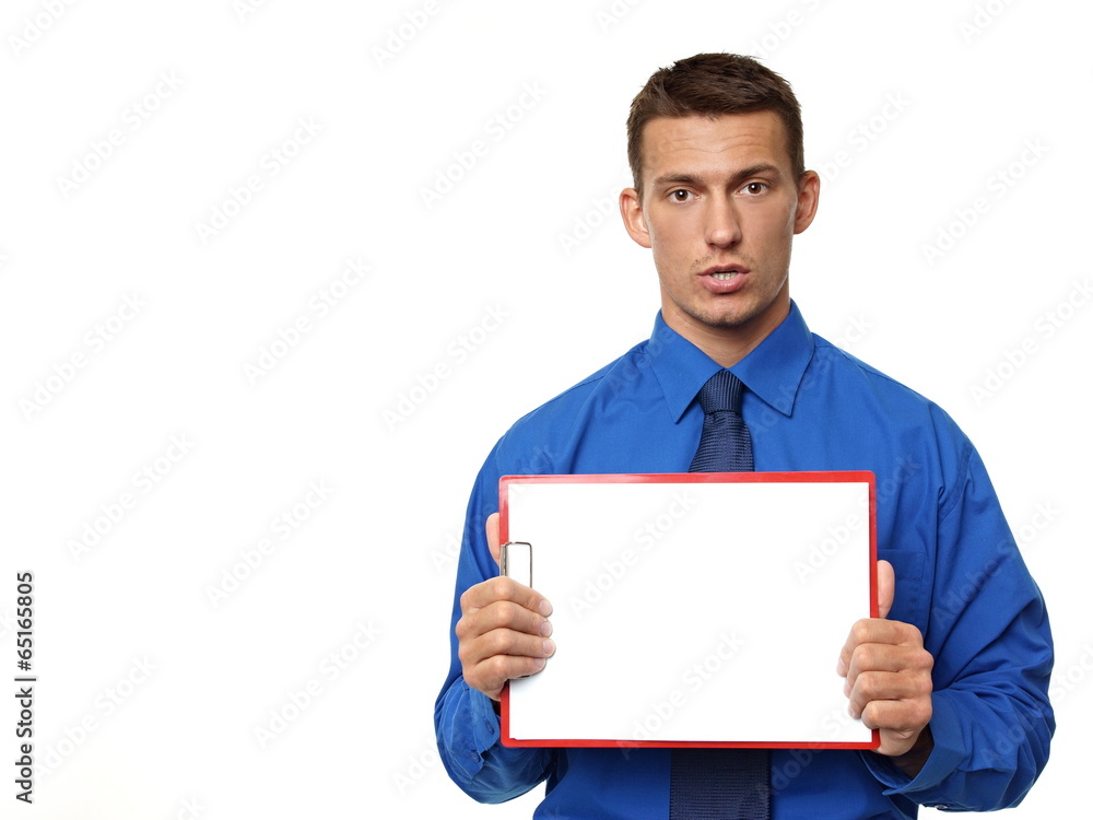 Surprise young man holds a sign with white paper Surprise young man holds a sign with white paper