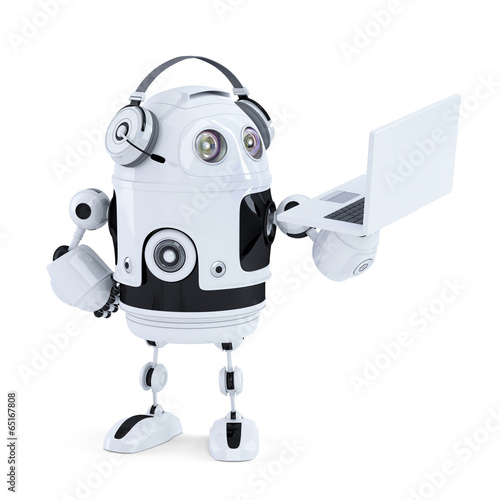 Robot with headphones and laptop. Isolated. Clipping path