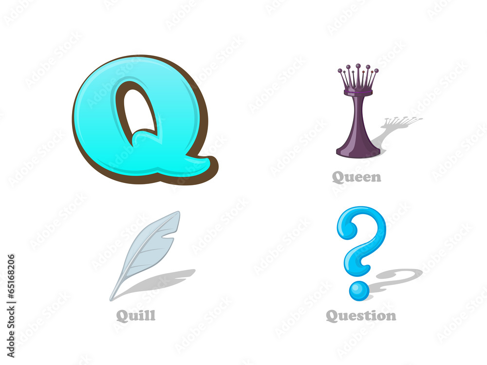 ABC letter Q funny kid icons set: queen, quill, question ABC letter Q funny kid icons set: queen, quill, question
