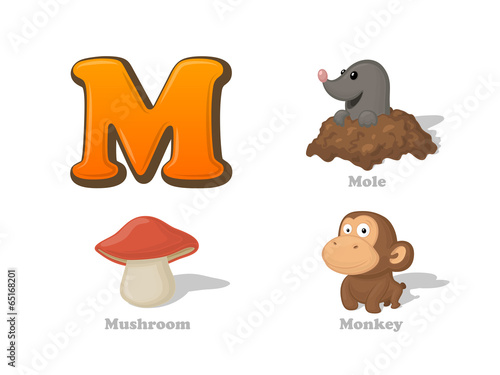 ABC letter M funny kid icons set: mole, mushroom, monkey