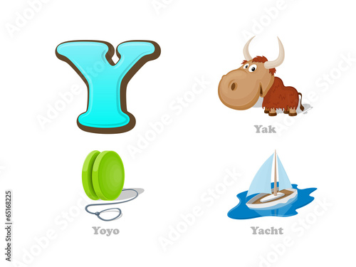 ABC letter Y funny kid icons set  yak  yoyo  yacht