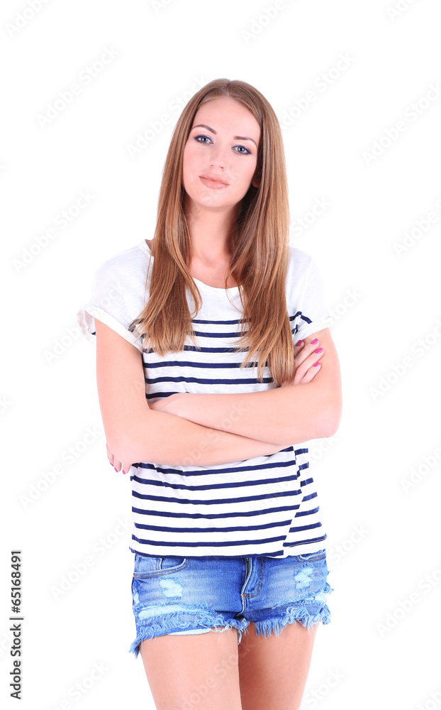 Beautiful young girl in shorts and t-shirt isolated on white Beautiful young girl in shorts and t-shirt isolated on white