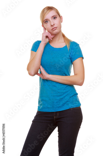 Portrait thoughtful pensive girl female student isolated