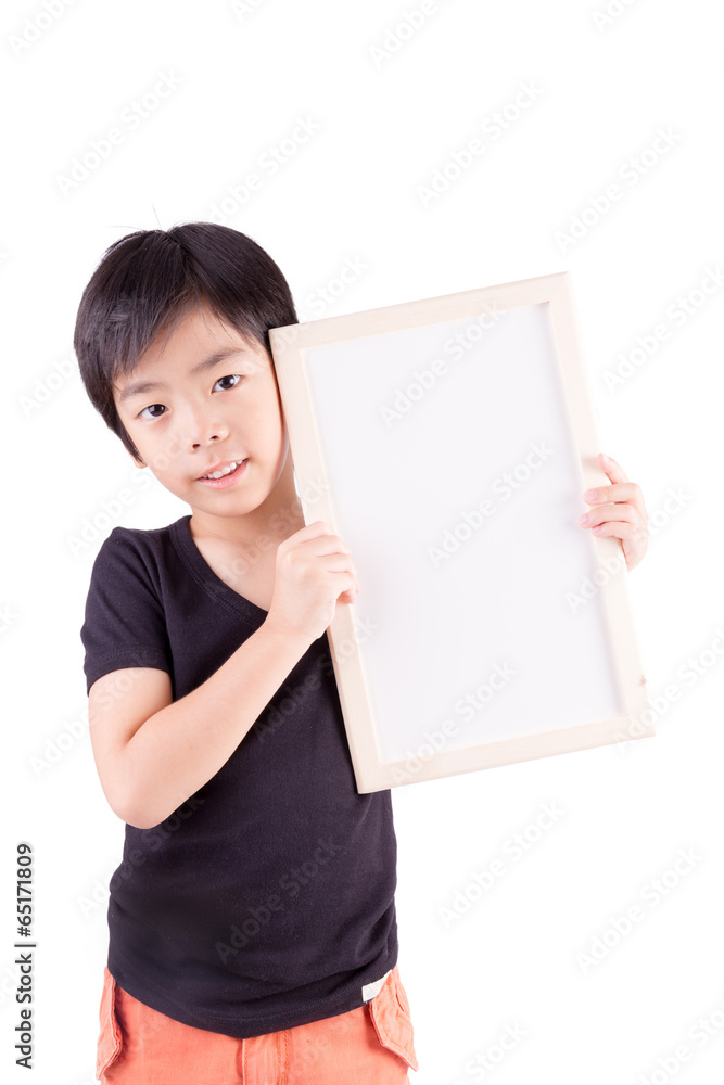 Portrait of happy little boy with white blank isolated on white Portrait of happy little boy with white blank isolated on white