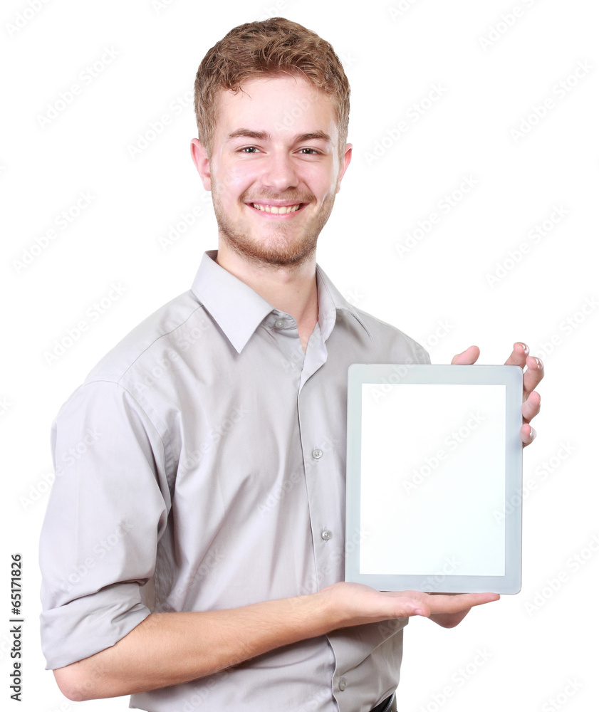 handsome businessman presenting using blank tablet pc handsome businessman presenting using blank tablet pc
