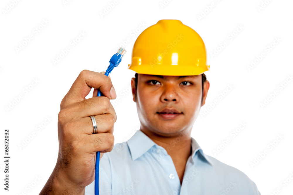 Asian engineer man show a lan line focus on the line Asian engineer man show a lan line focus on the line