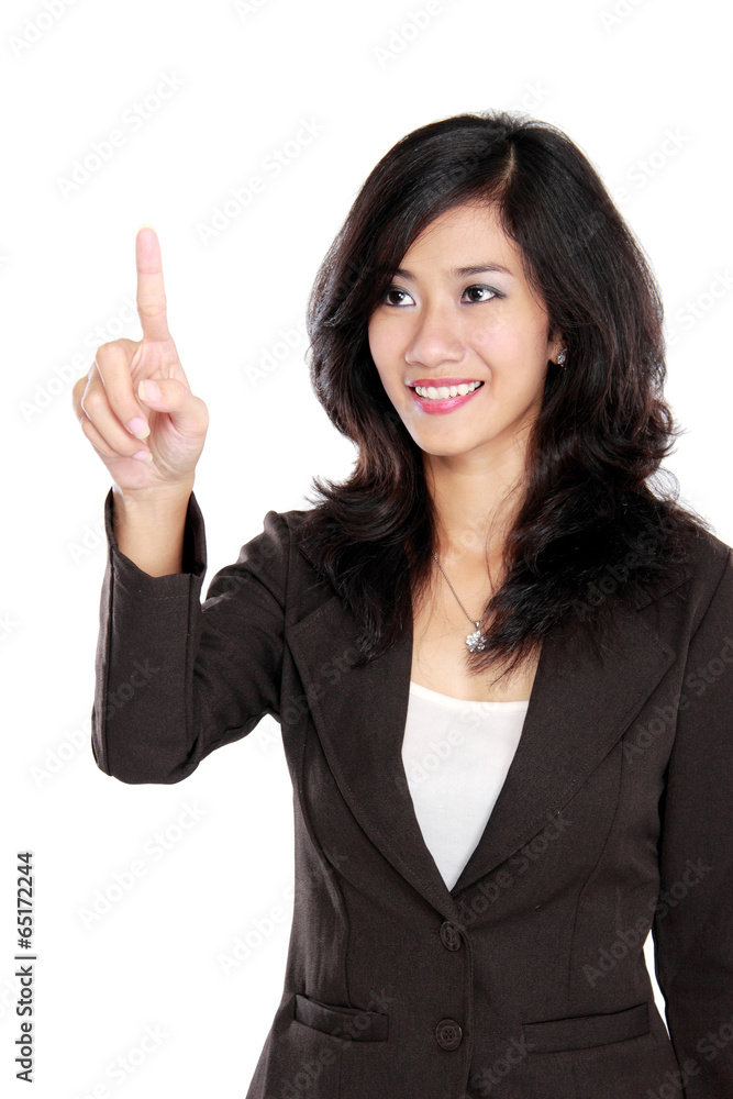 Business woman push to blank virtual screen Business woman push to blank virtual screen
