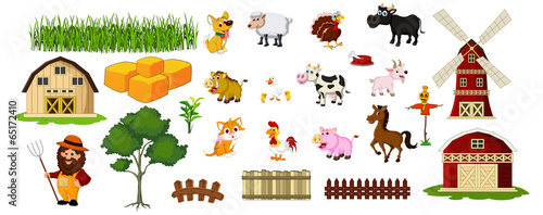illustration of farmer,farm animals and related items