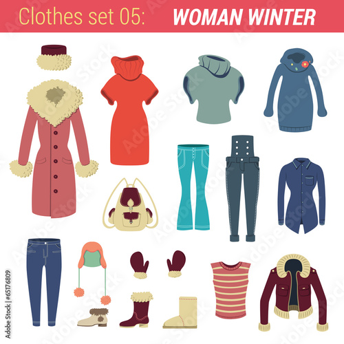 Woman winter clothing vector icon set. Jacket, sweater, boots..