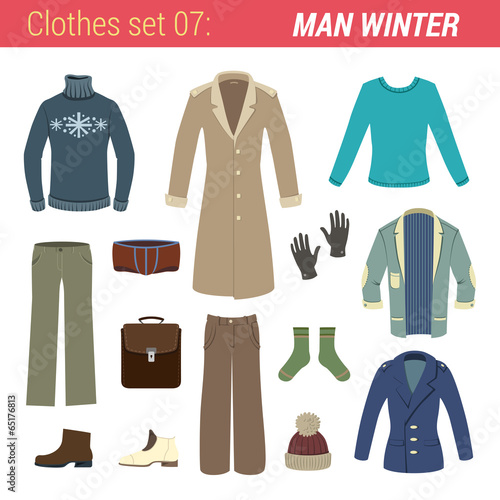 Man winter clothing vector icon set. Jacket, sweater etc.